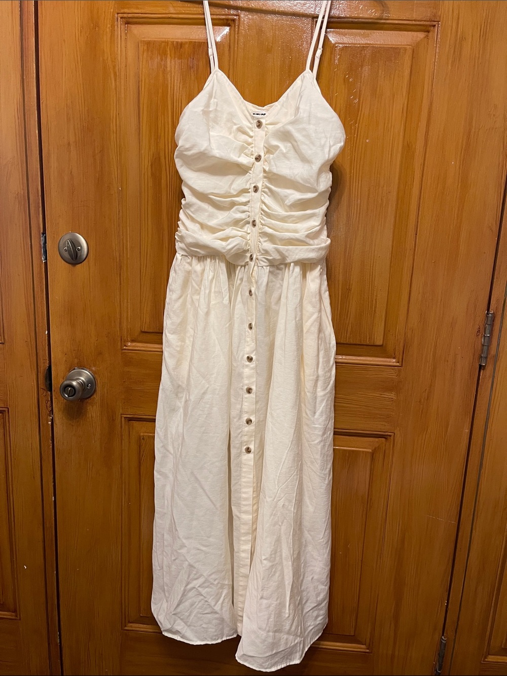 Women’s Cream Ruched Button-Front Midi Dress with Spaghetti Straps